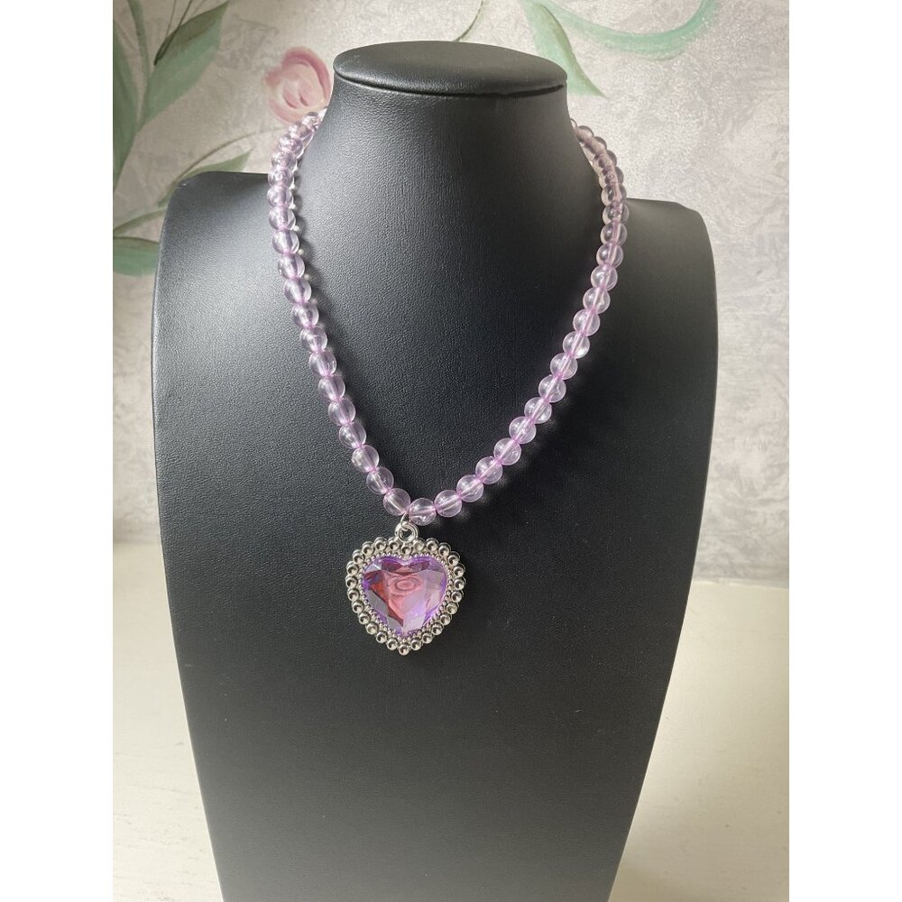 Purple Beaded Necklace With Heart Pendant & Silver Accents